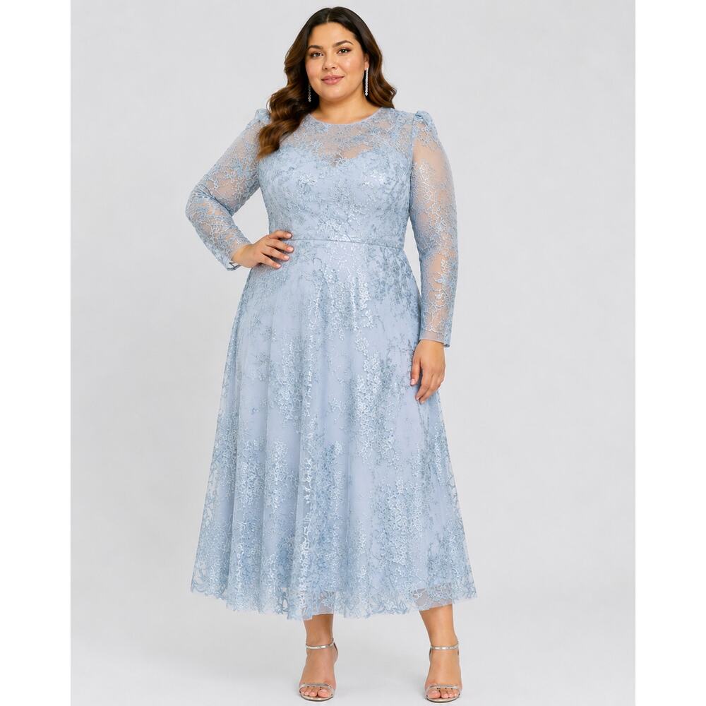MAC DUGGAL Dress NEW Plus 24 Blue Lace Illusion Modest Midi Tea Length Embroider